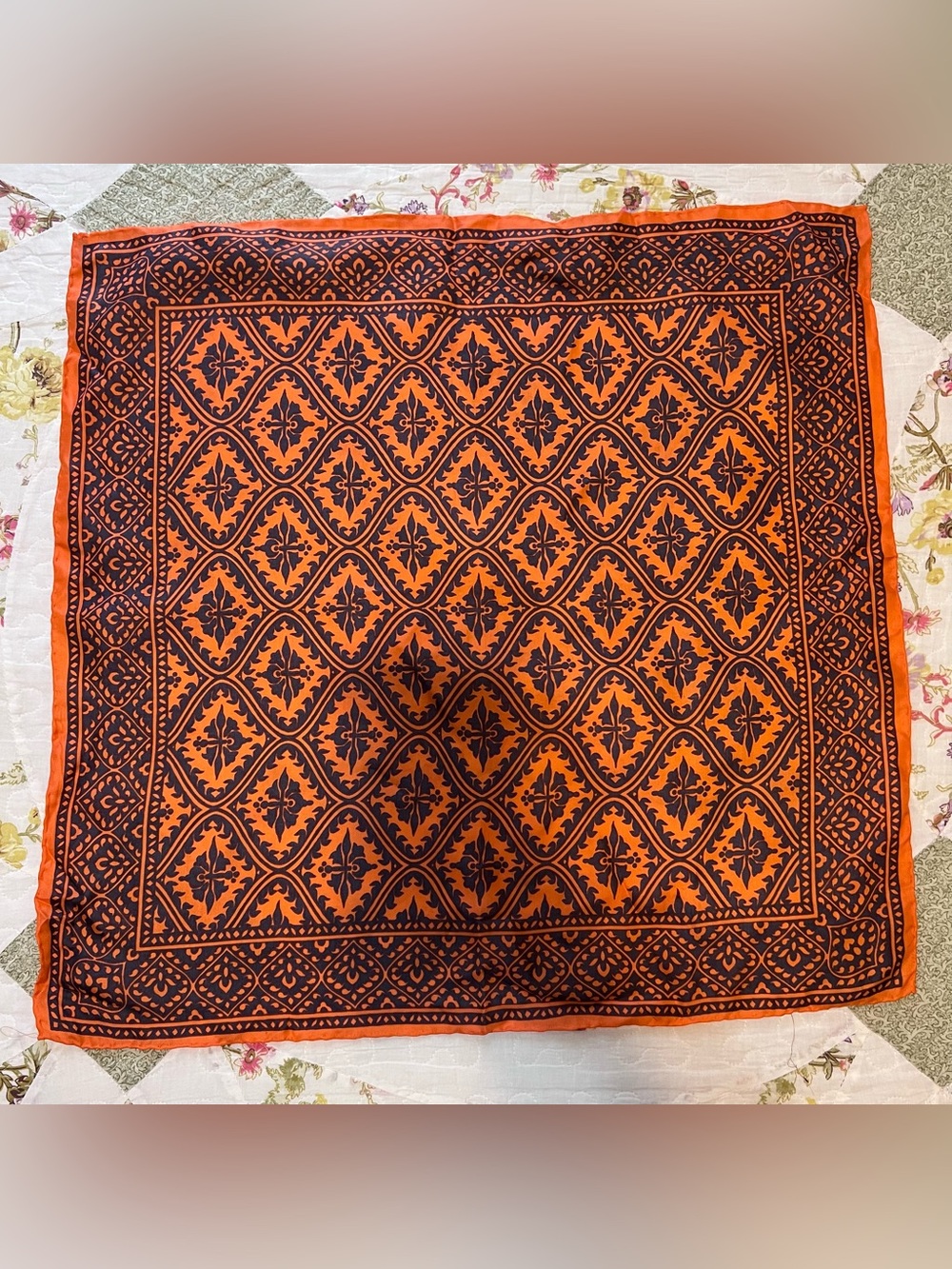Vintage Silk Square Scarf Orange Navy Lattice Geo Print Hand Rolled